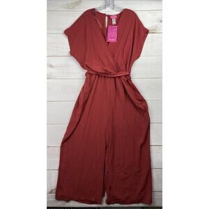 Mia Rose Jumpsuit Romper Womens 2X Brick Red Wide Leg Cap Sleeve Faux Wrap NWT